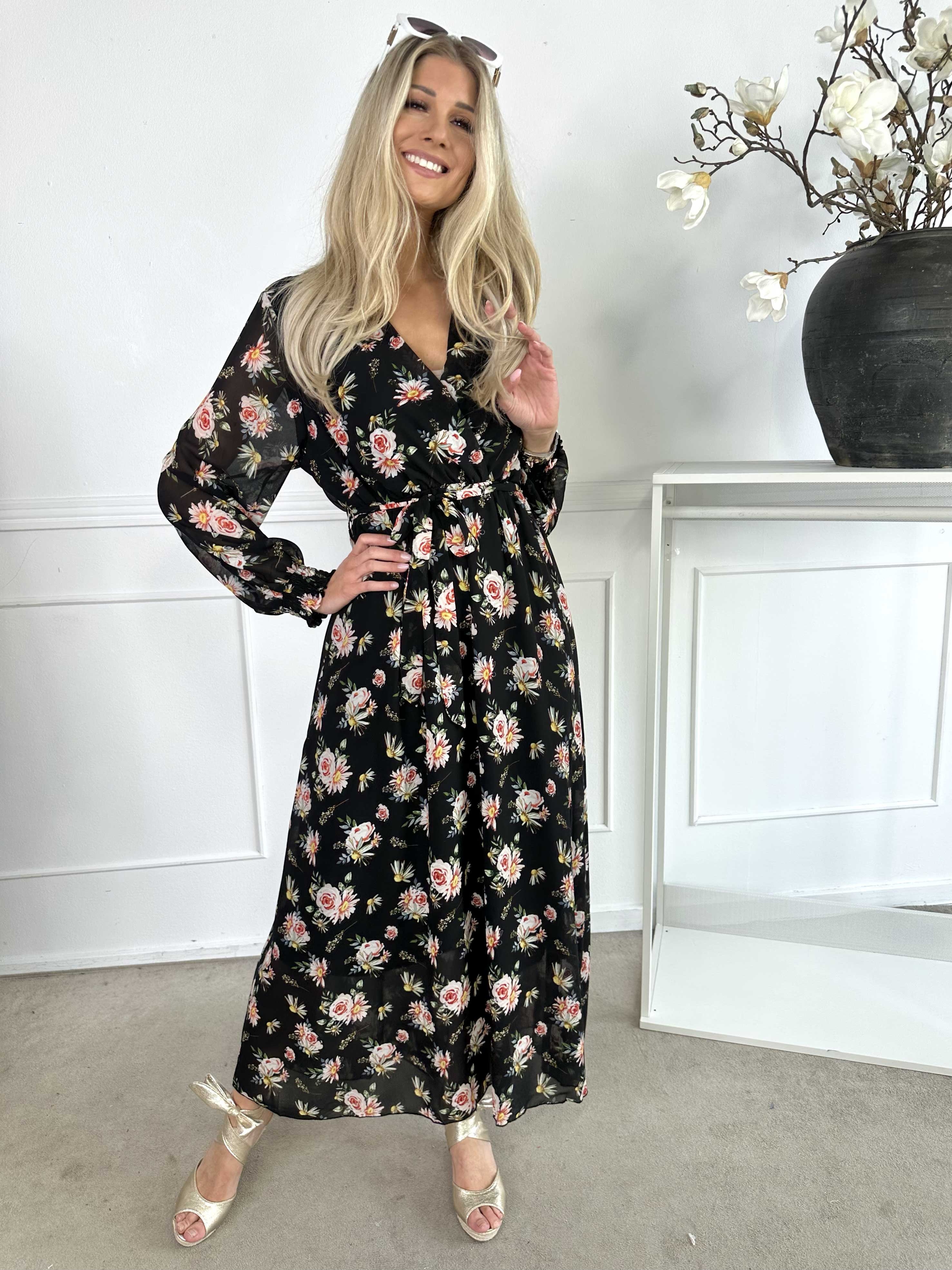 Zola - Långklänning med blommor och halvgenomskinliga ärmar